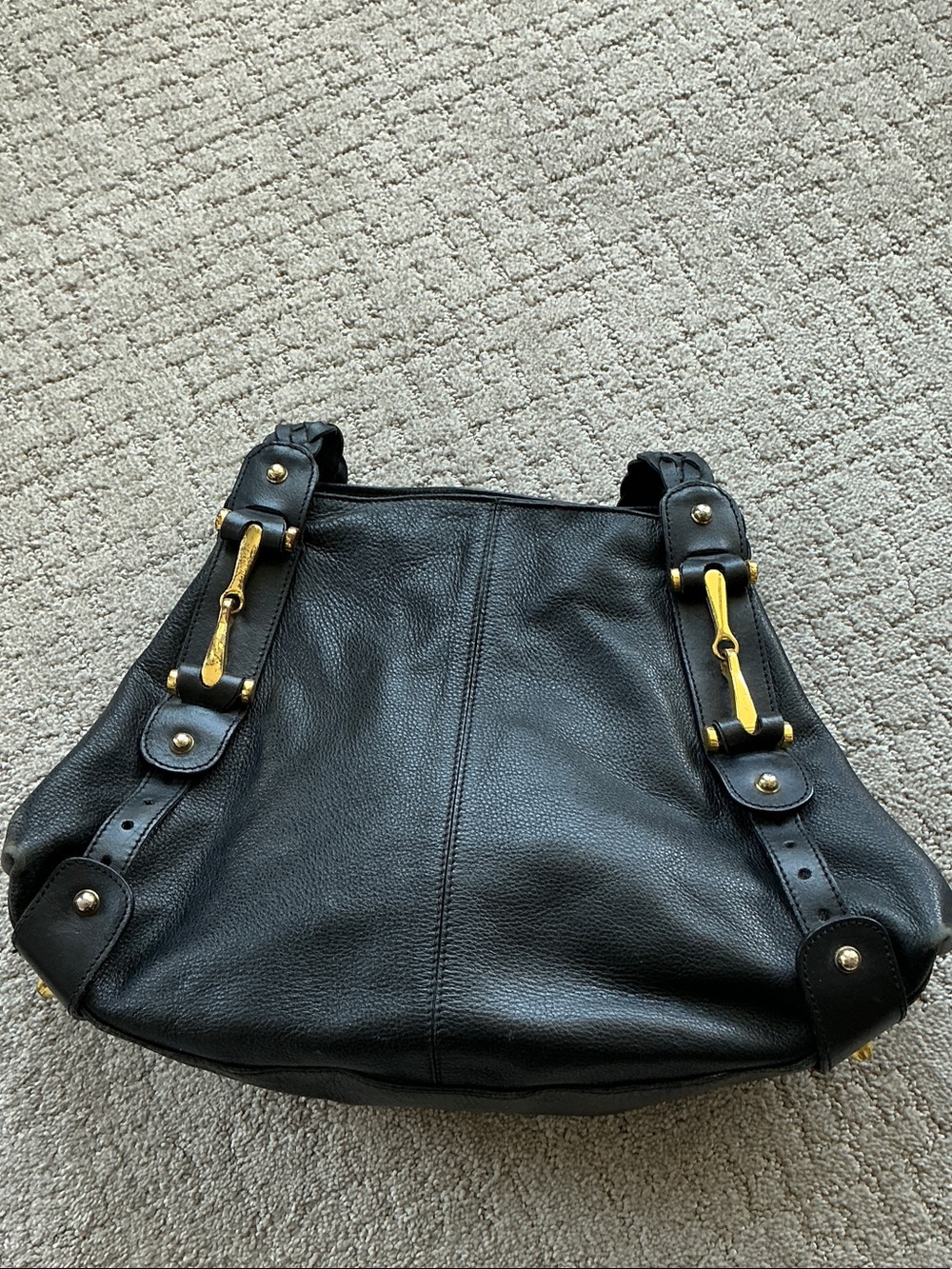 Black Leather Shoulder Bag with Gold-Tone Accents
